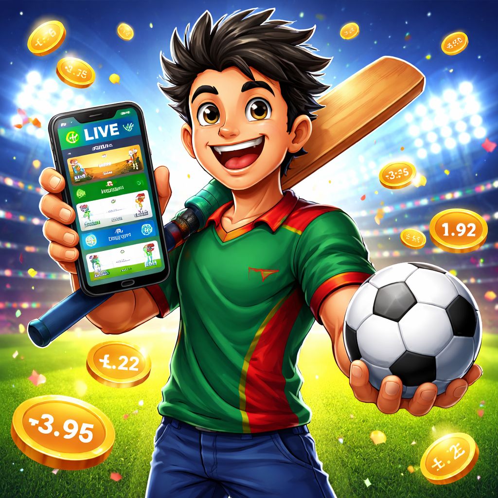 CK111 Bet cartoon sports fan holding a phone with cricket and football icons