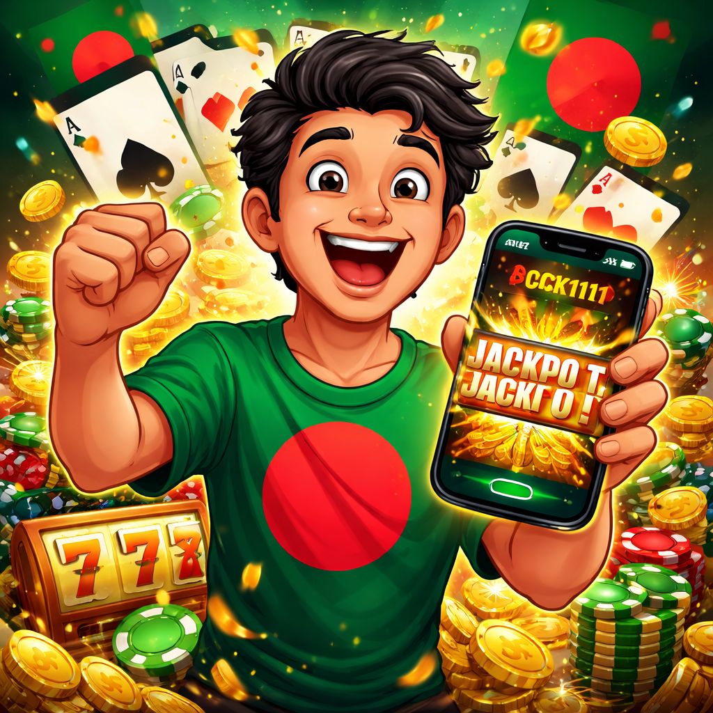 CK111 Casino cartoon player celebrating a mobile jackpot with coins and cards