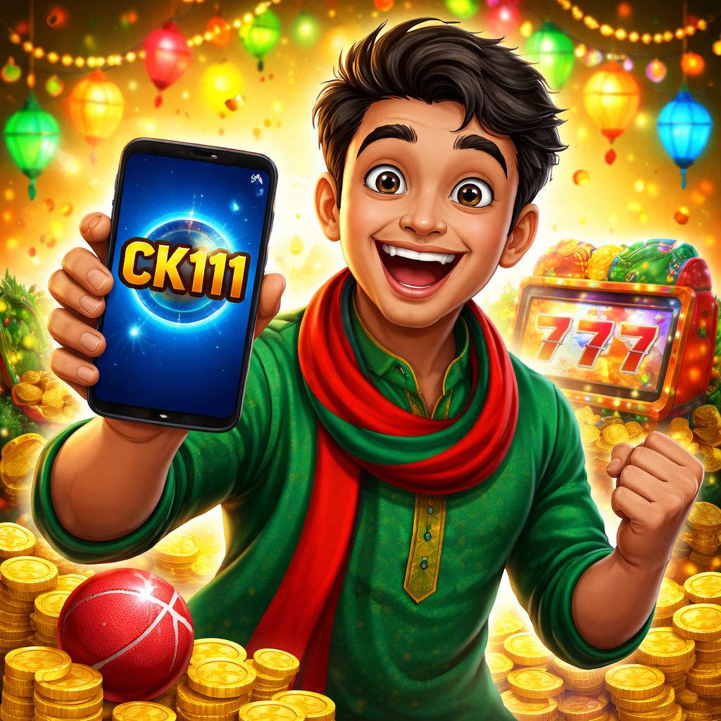 CK111 cartoon player celebrating with coins, phone, slots, and sports icons