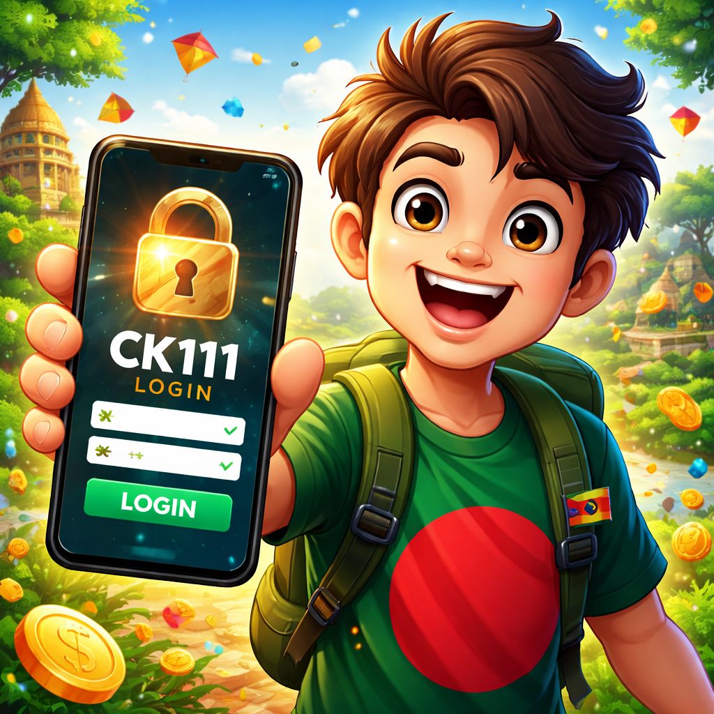 একটি ফোন ধরে থাকা CK111 লগইন কার্টুন চরিত্র যার স্ক্রিনে নিরাপদ অ্যাকাউন্ট