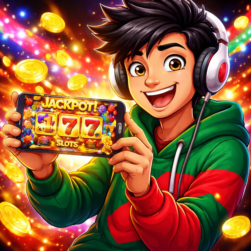 CK111 Slots cartoon character celebrating a jackpot with spinning reels and coins